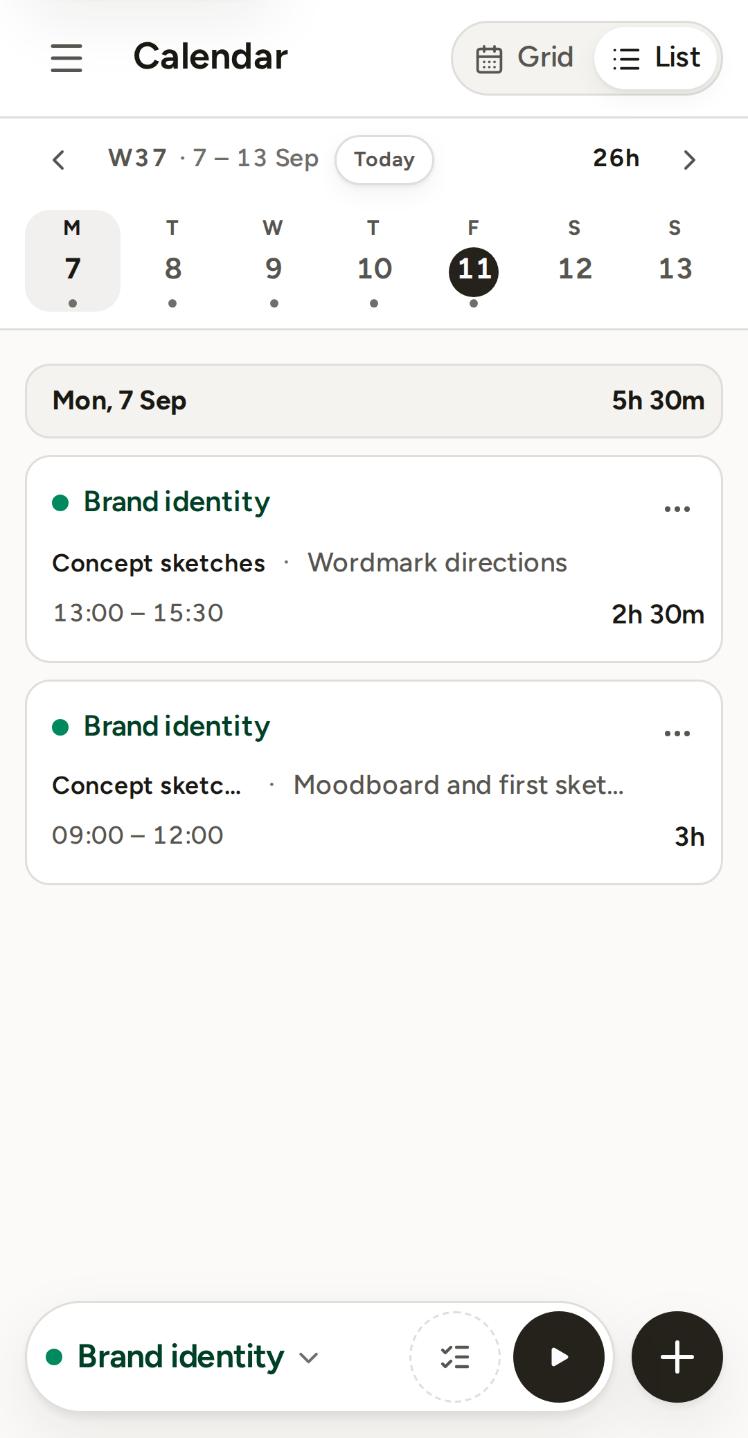 The same Monday as a list on the phone: the day's total in its header, then one row per entry with project, task, note, times and hours.