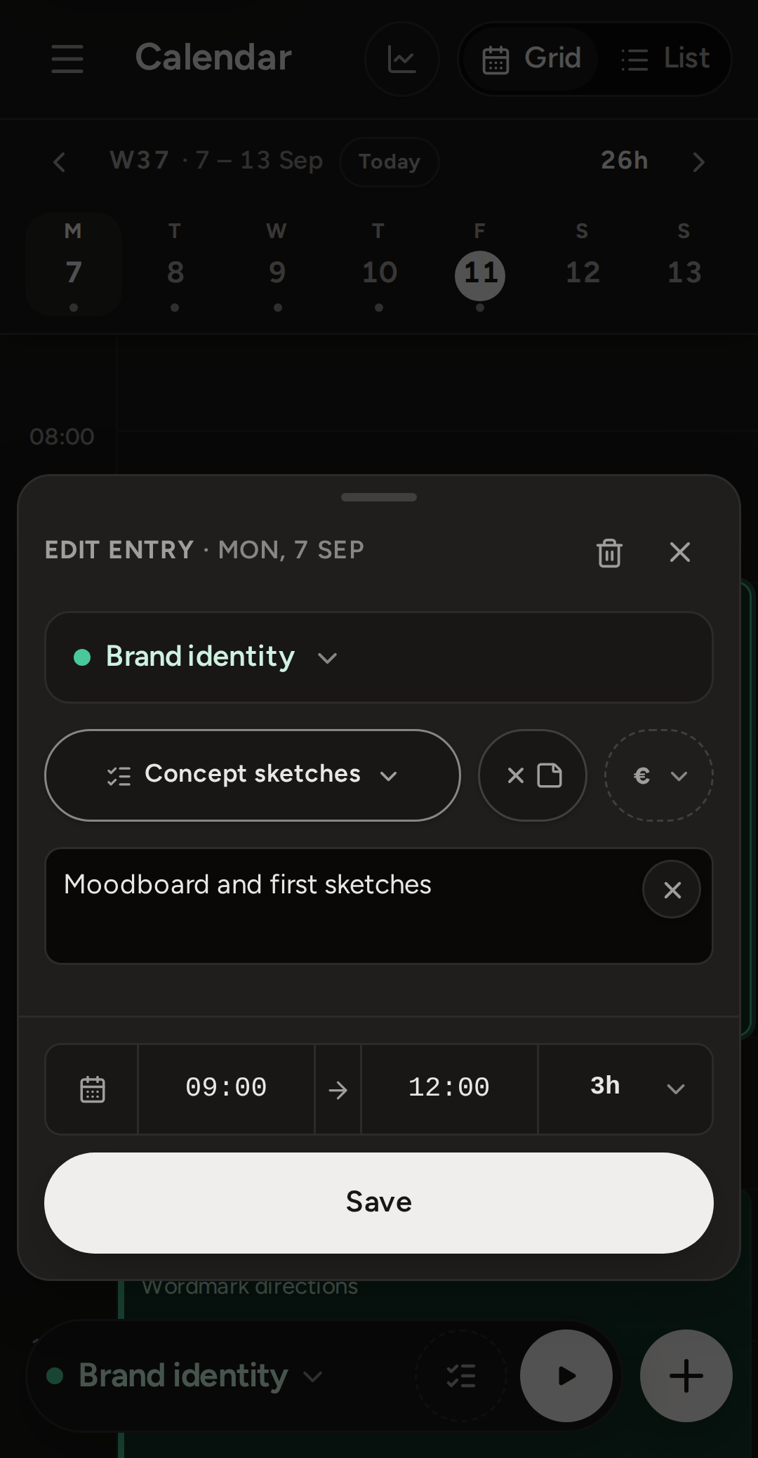 An entry open as a sheet on the phone: the project, the task, the note and, in the footer, the day, start, end, duration and Save.