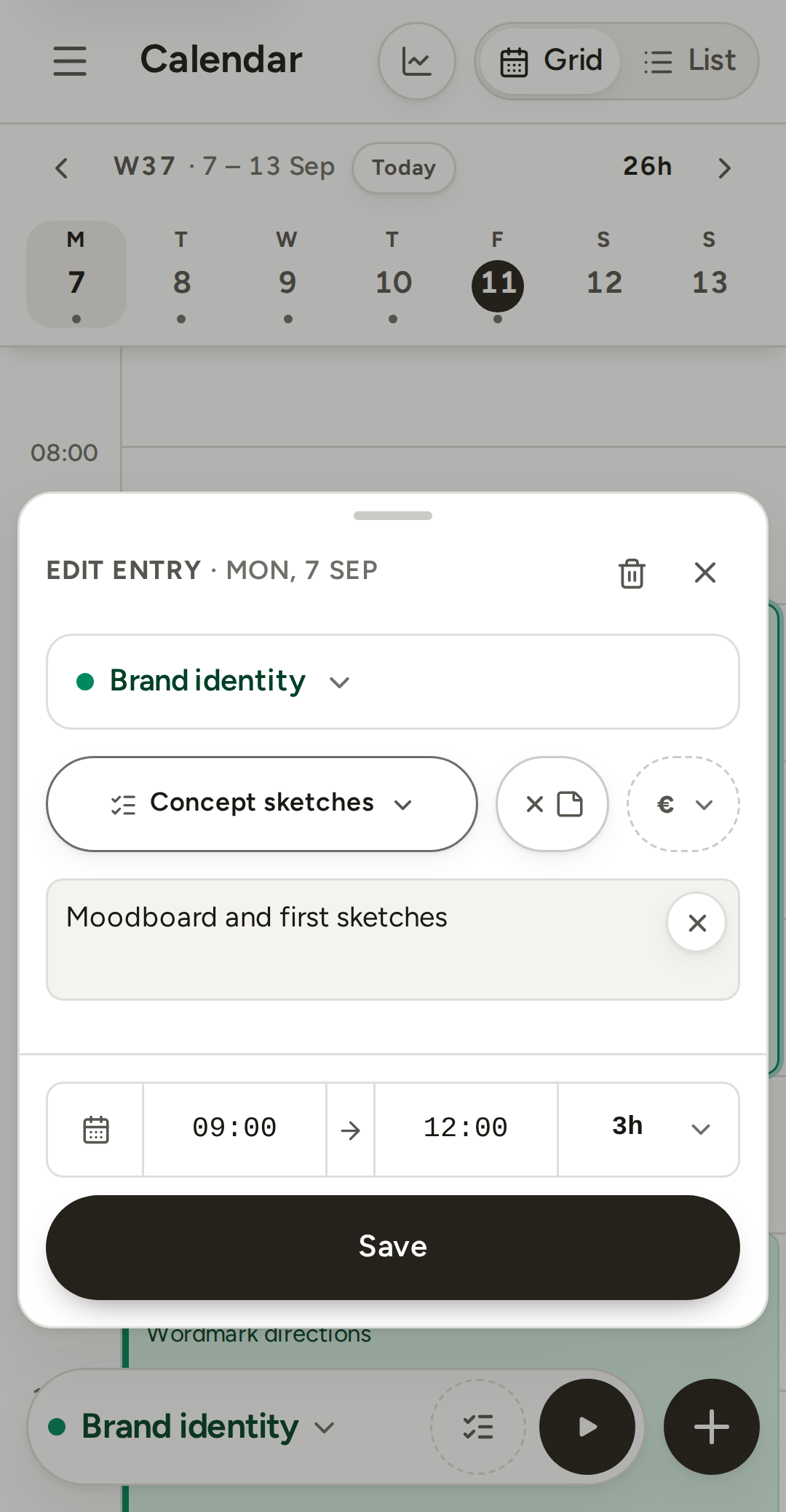 An entry open as a sheet on the phone: the project, the task, the note and, in the footer, the day, start, end, duration and Save.