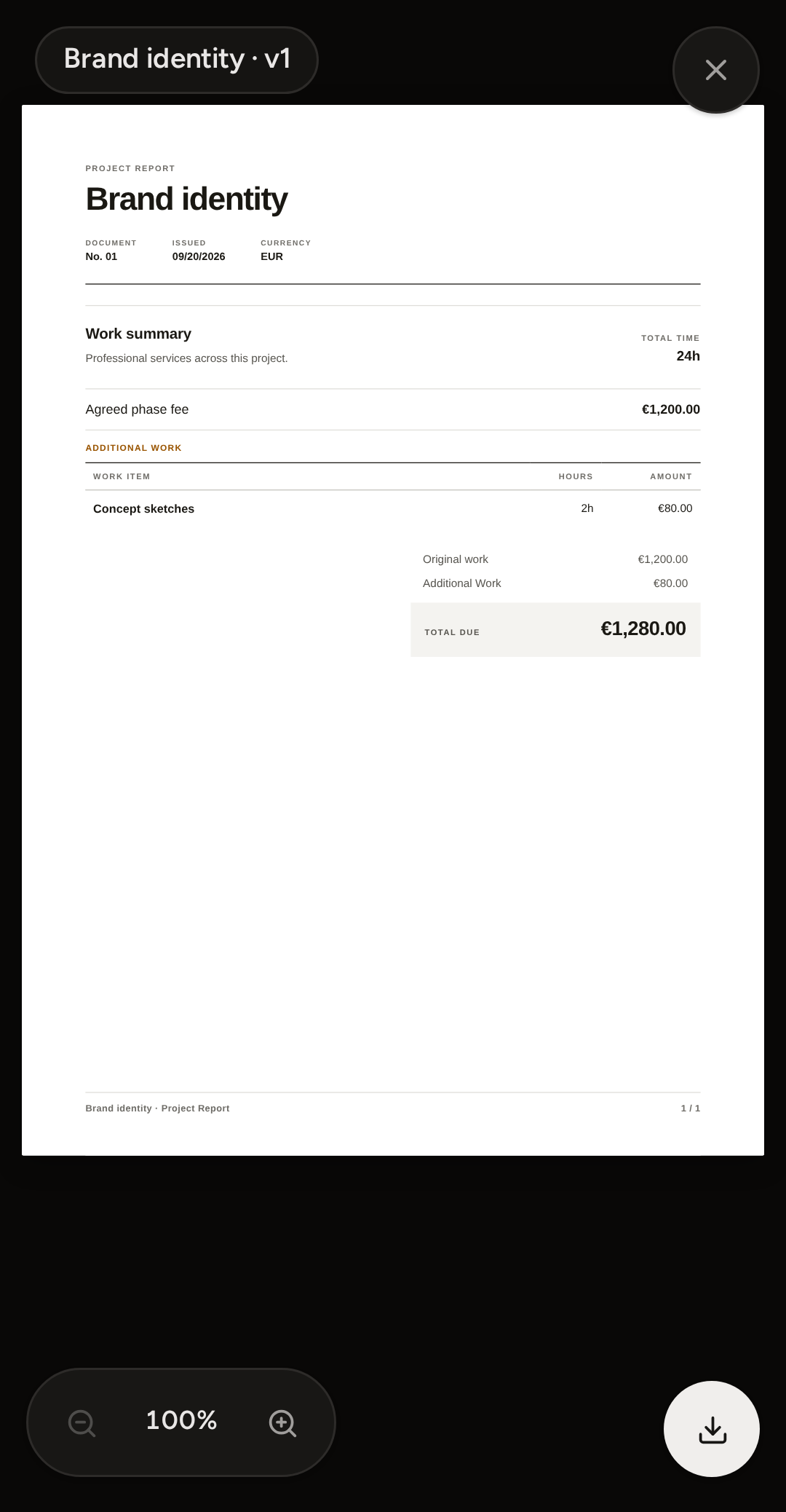 A Project Report open full-screen on the phone: the document's first page with its work summary and total, a zoom control and a download button below it.