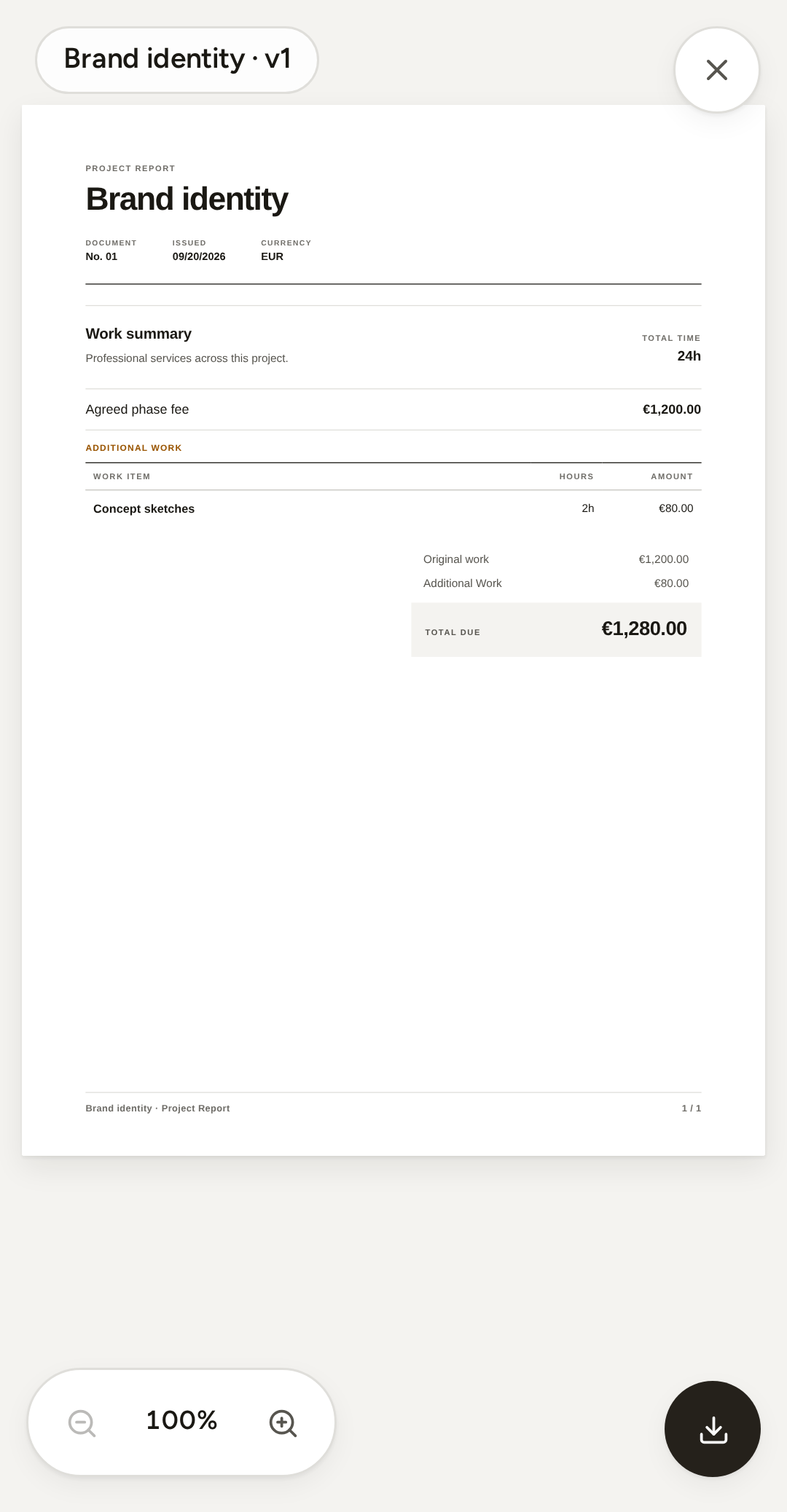 A Project Report open full-screen on the phone: the document's first page with its work summary and total, a zoom control and a download button below it.