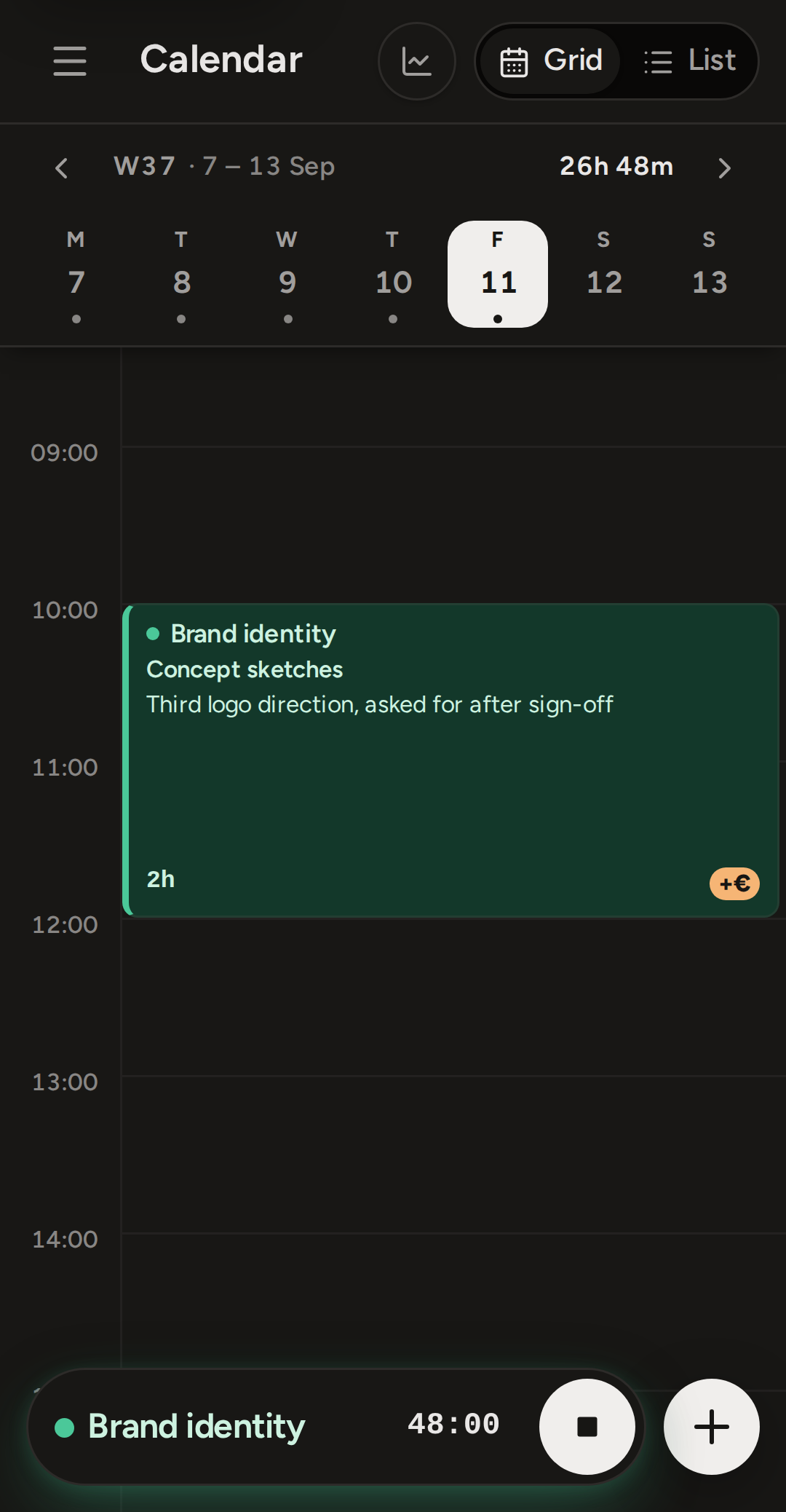 The phone calendar with the timer dock running: the project name, the elapsed time and a stop button.