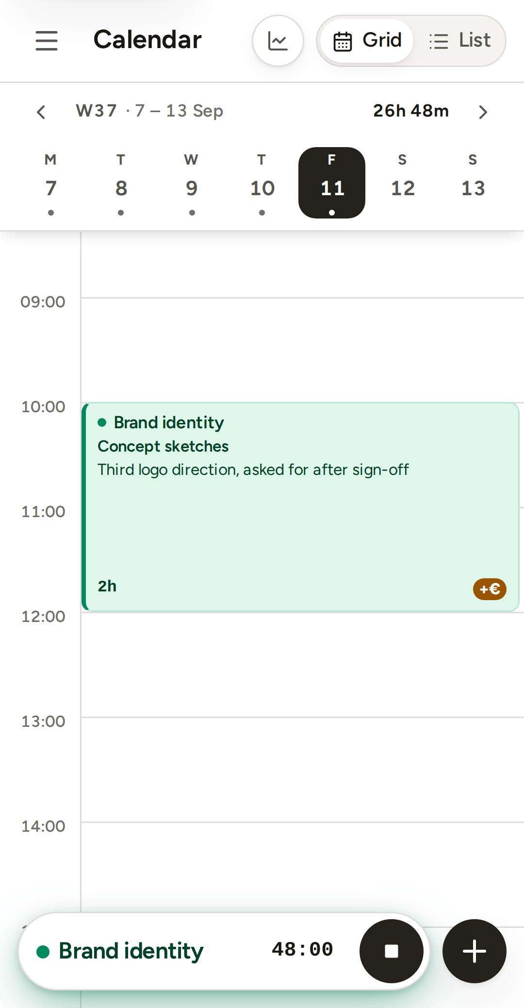 The phone calendar with the timer dock running: the project name, the elapsed time and a stop button.